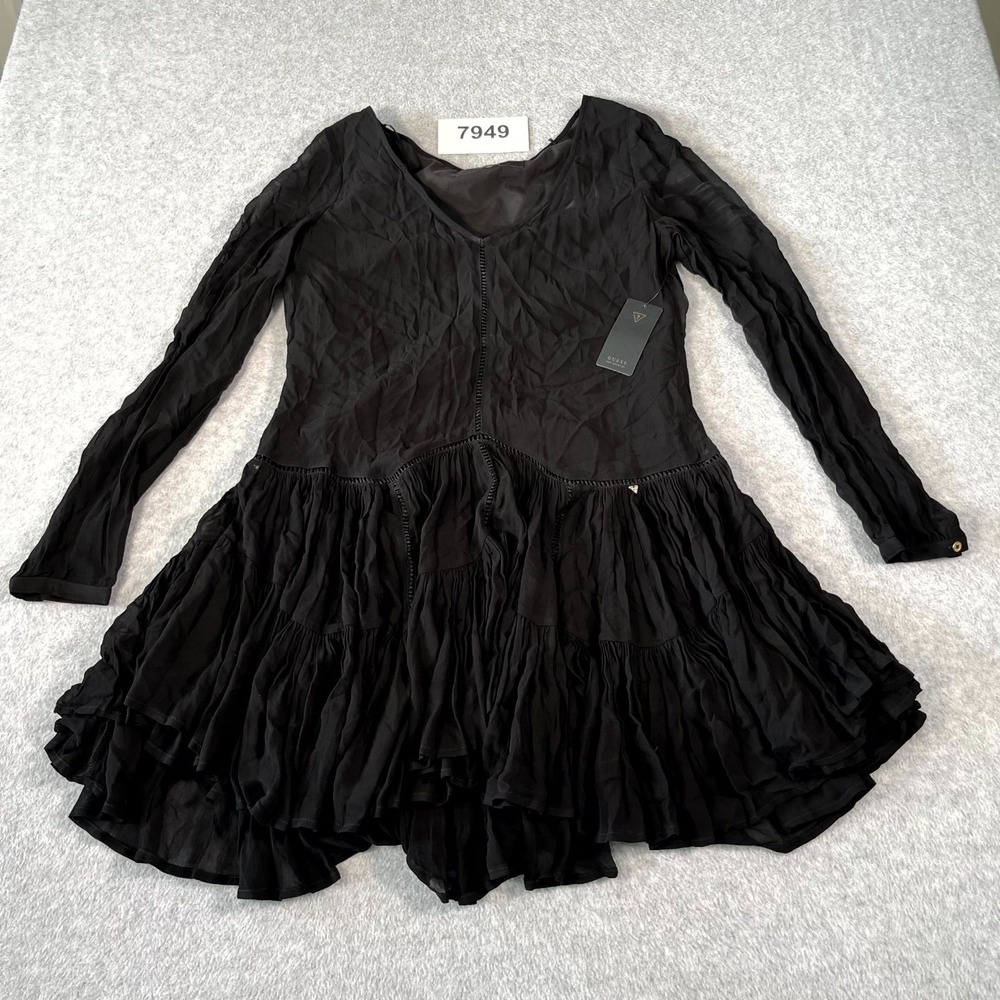 GUESS A Line Dress Womens Medium Black Viscose V Neck‎ Ruffled Layered Pleated